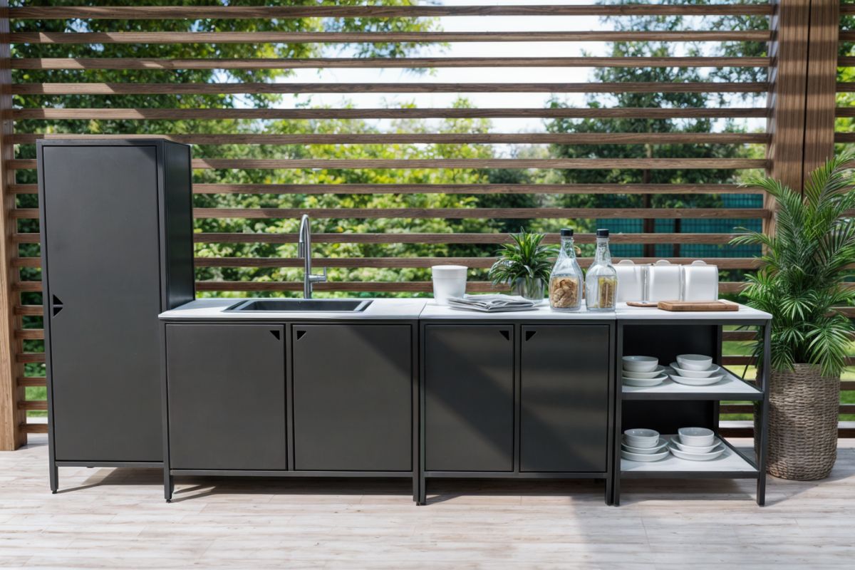 Black Heaven outdoor kitchen featuring four matte black modules with a white countertop, including a built-in sink, set in a refined garden environment