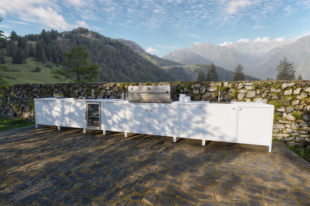 Pearl outdoor kitchen featuring built-in refrigerator, integrated sink, Flammkraft BBQ grill, and premium contemporary design for a complete culinary experience.