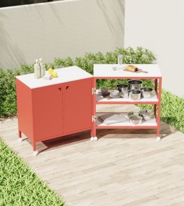 Two outdoor workbenches shown with adaptive solutions, illustrating how modules can be customized and connected for flexible setups