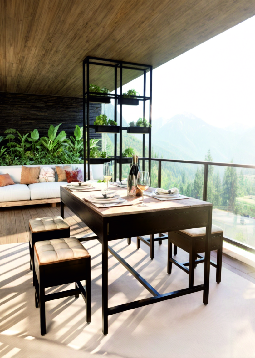 Outdoor dining scene on a balcony featuring a table set for a meal, surrounded by four chairs, representing the Dining Collection’s blend of comfort and style