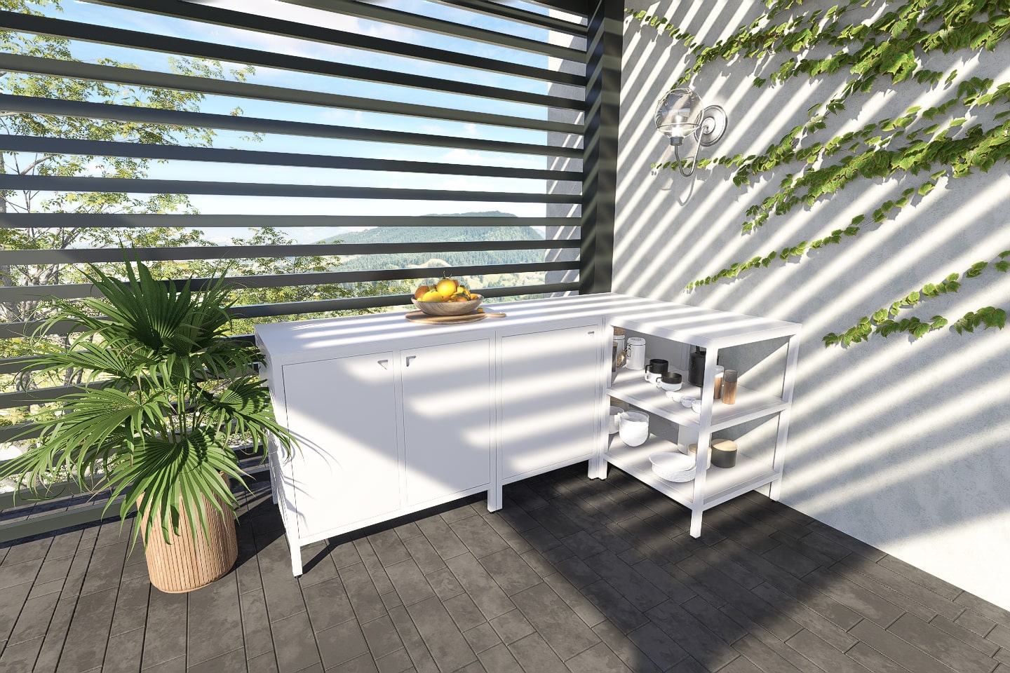 White outdoor kitchen composed of multiple workbench modules combined to create a versatile and functional setup
