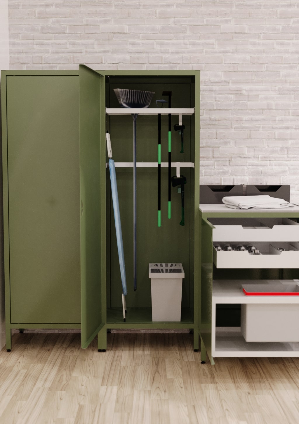 Outdoor storage module with open door showing stored items like brooms, mops, and buckets.